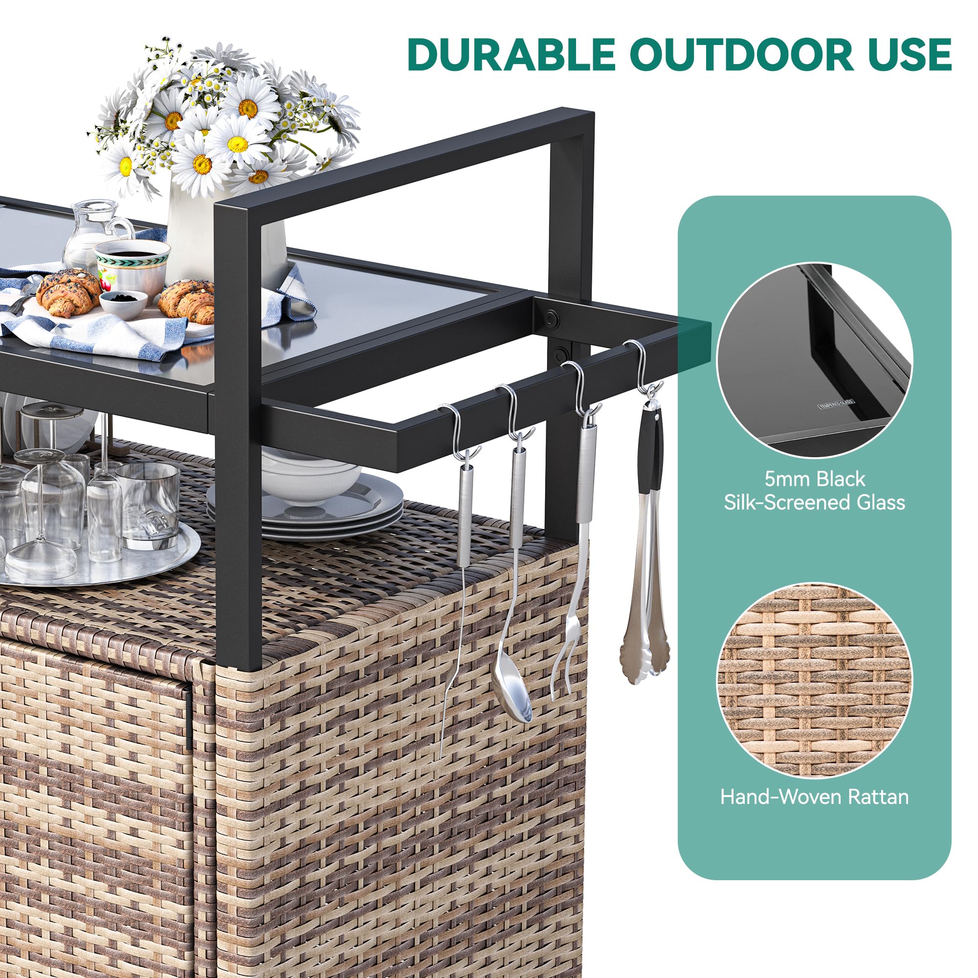 Outdoor Kitchen Wicker Island Rolling Cart with Glass Top