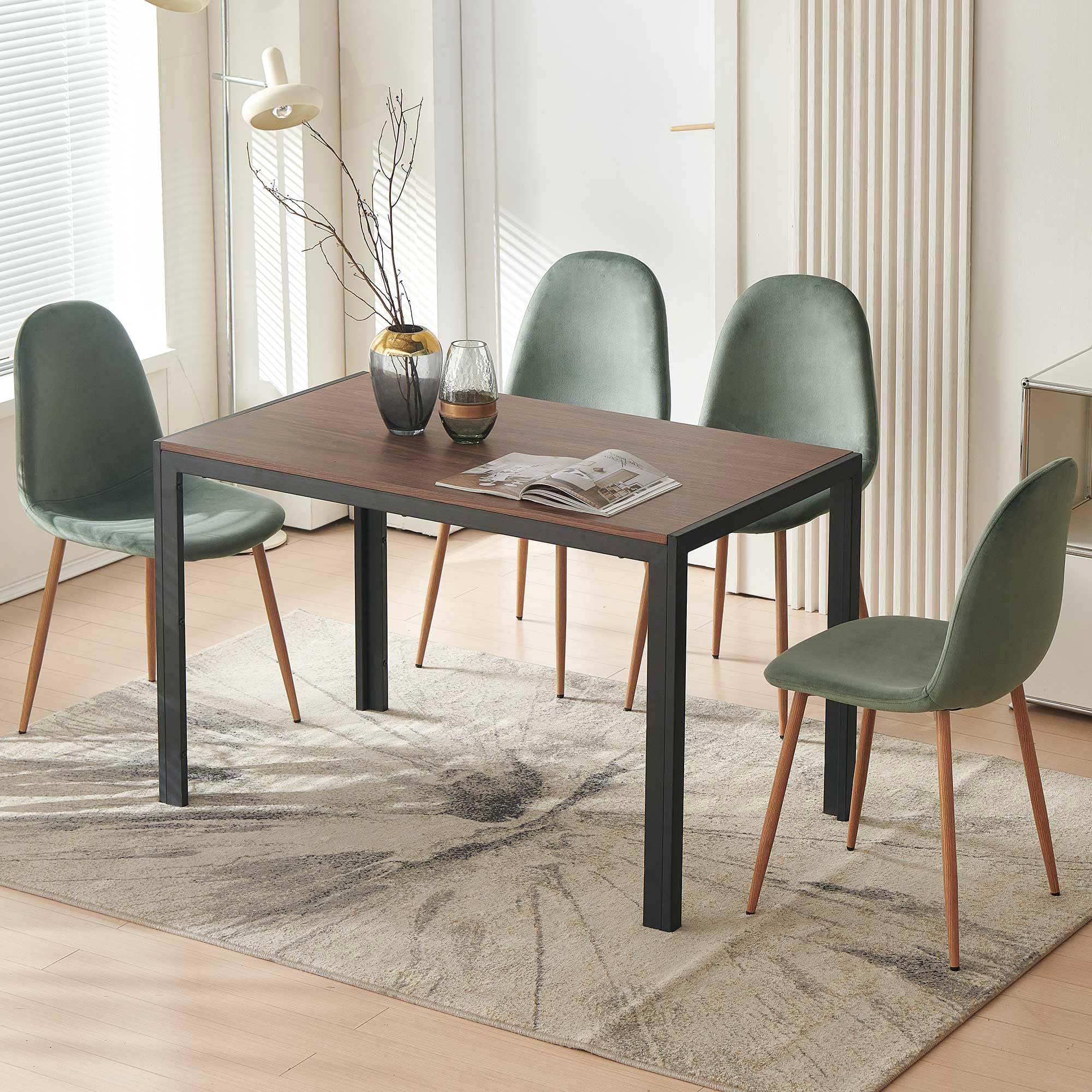 5-Piece Dining Table Set for 4 with Green Velvet Chairs
