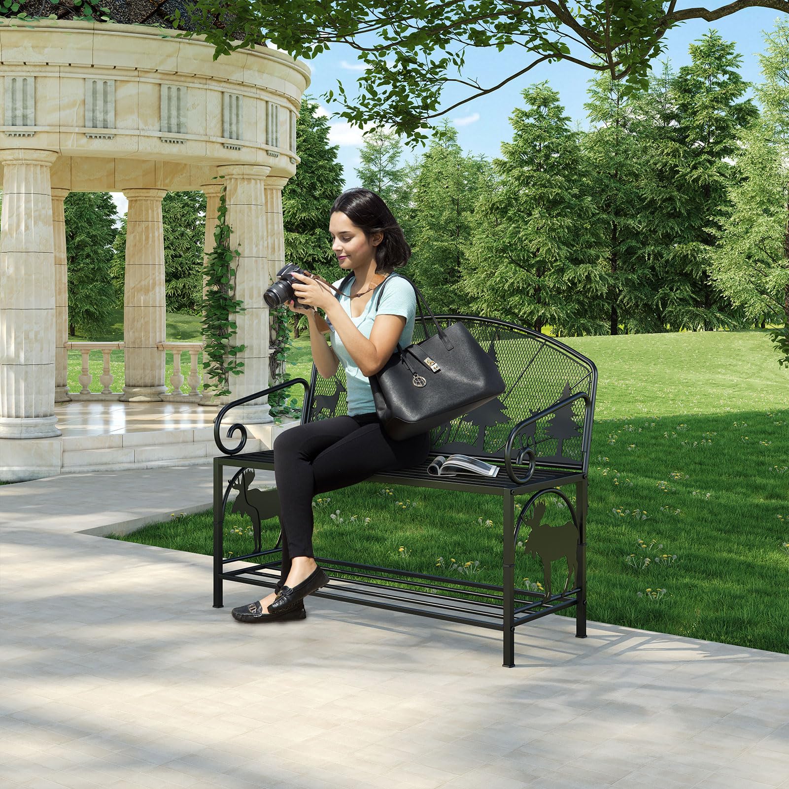 Metal Outdoor Garden Bench with Forest Pattern Backrest