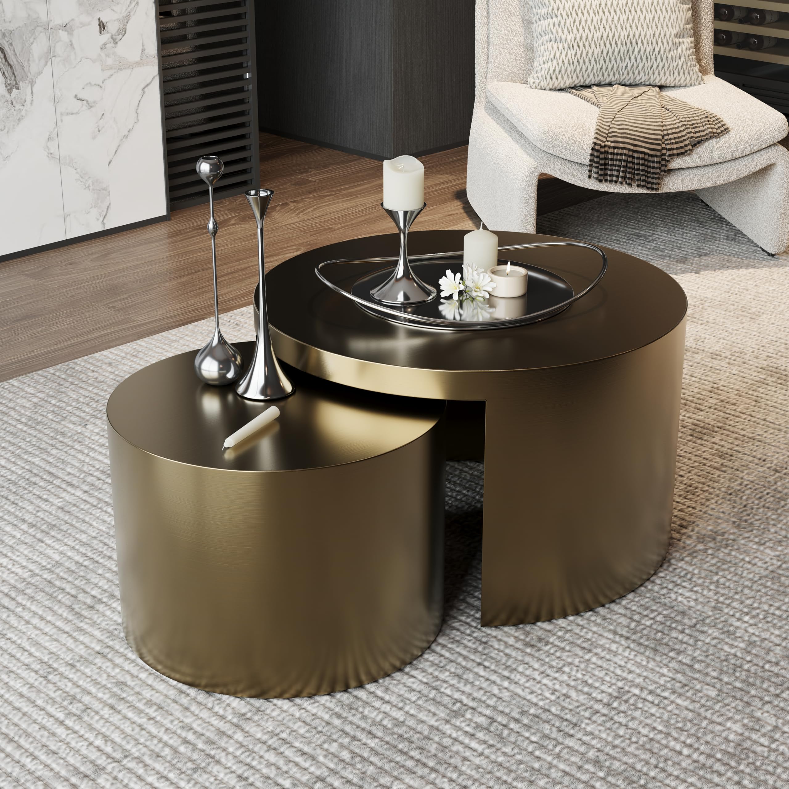 Nesting Coffee Table Set Gold Brushed Textured Brass 2-Piece