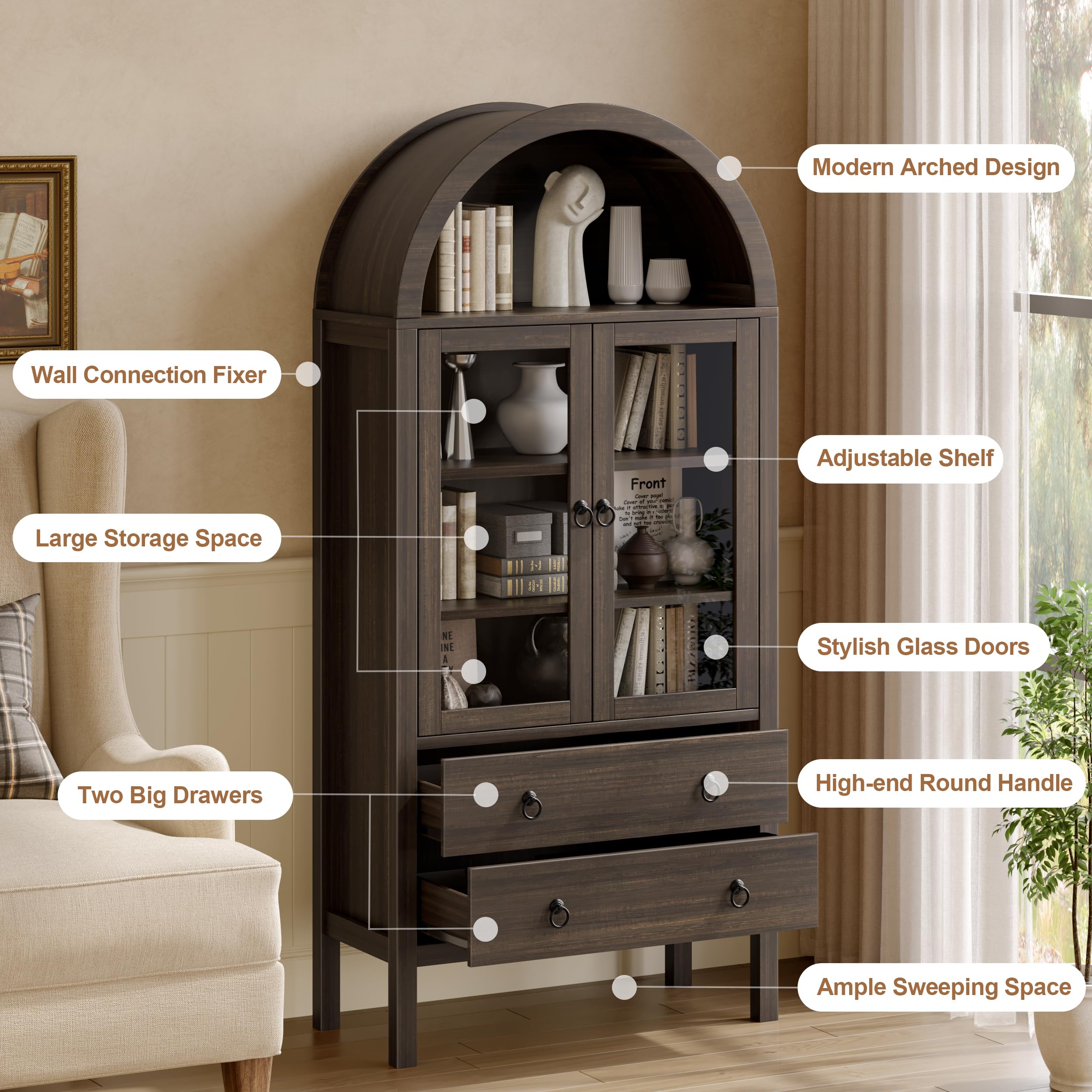 Arched Storage Cabinet with Glass Doors