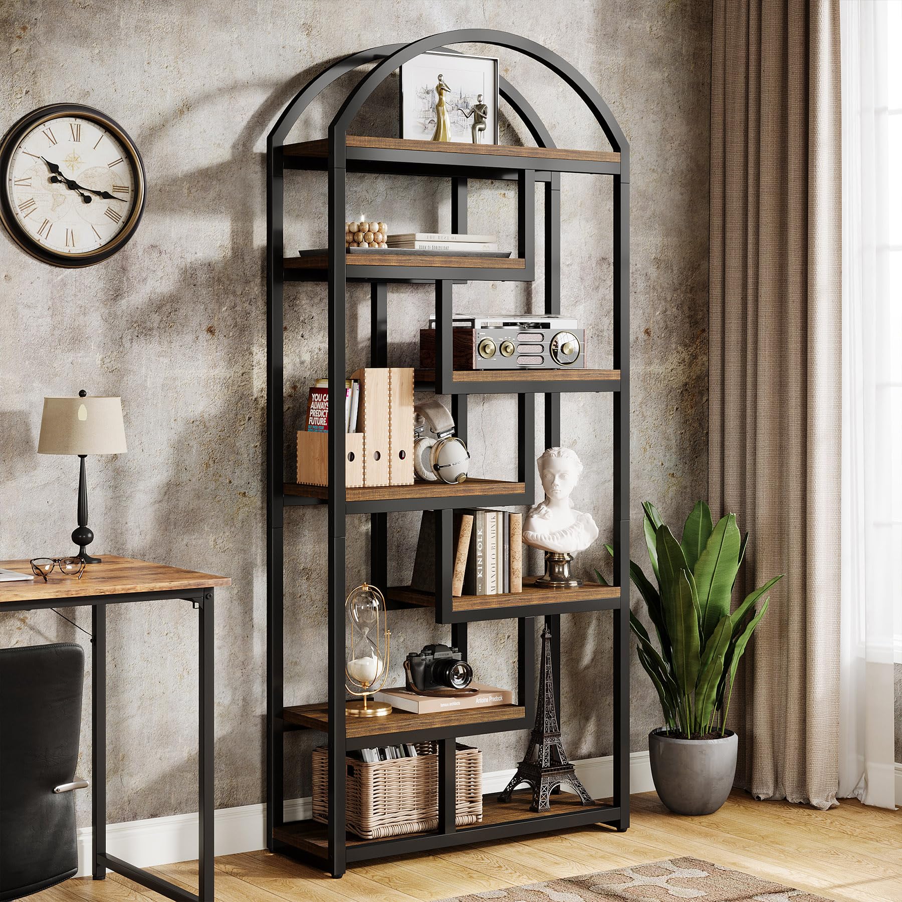 71" Tall Arched Bookshelf Industrial Etagere with Open Display Shelves