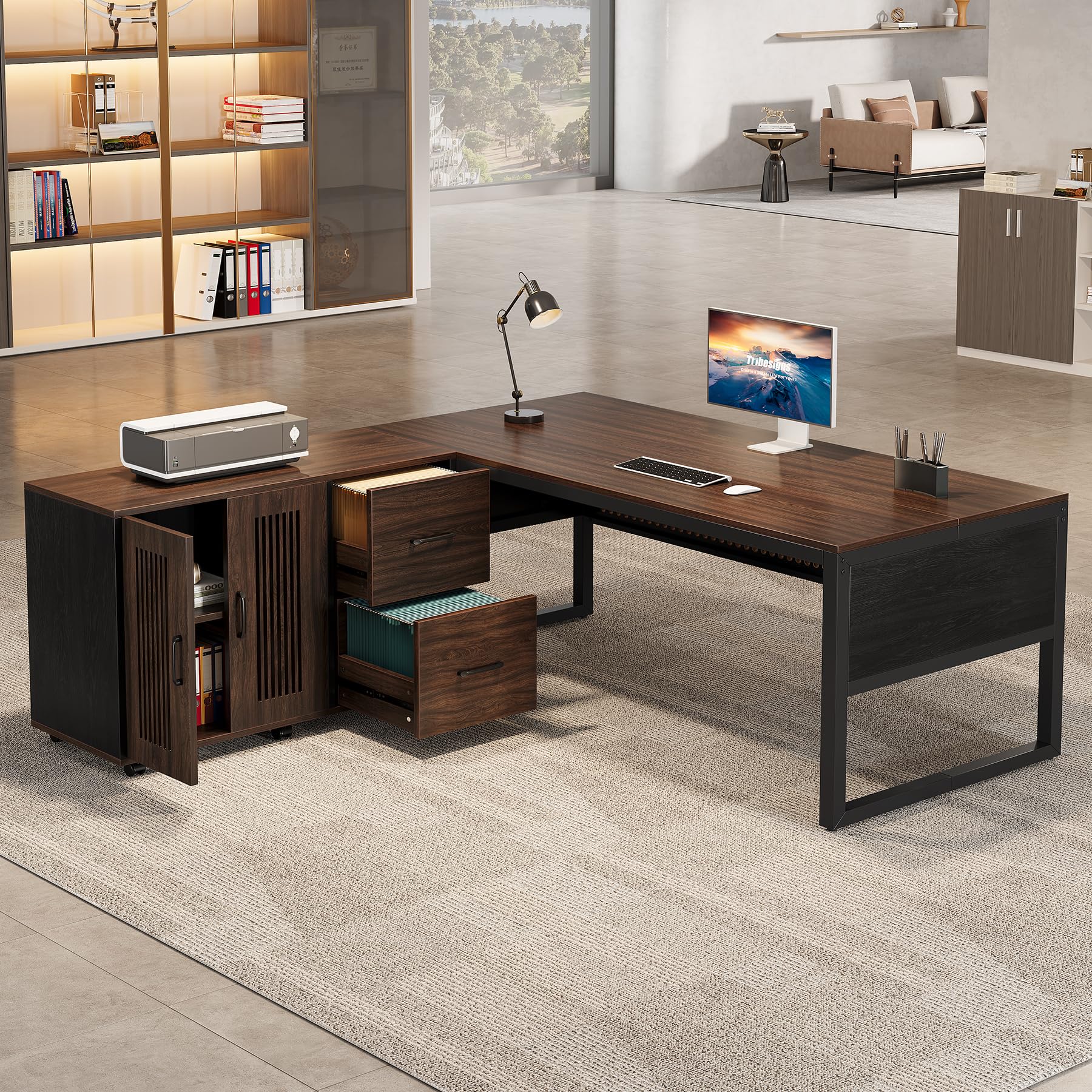 63-Inch Executive L-Shaped Desk with Mobile File Cabinet