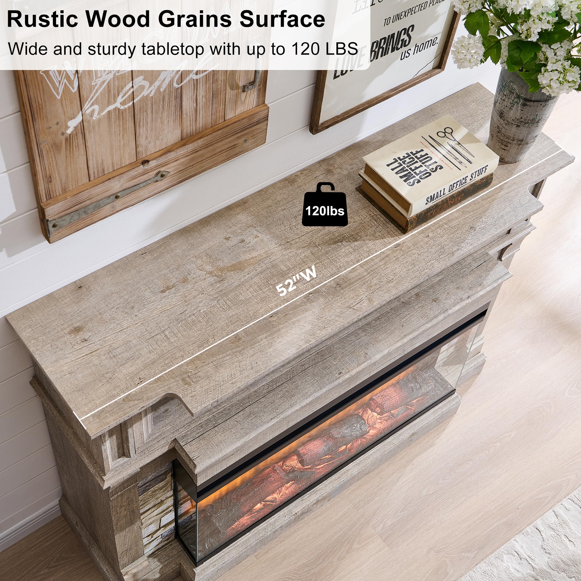 52" Electric Fireplace TV Stand with 3-Side Glass Insert and Storage