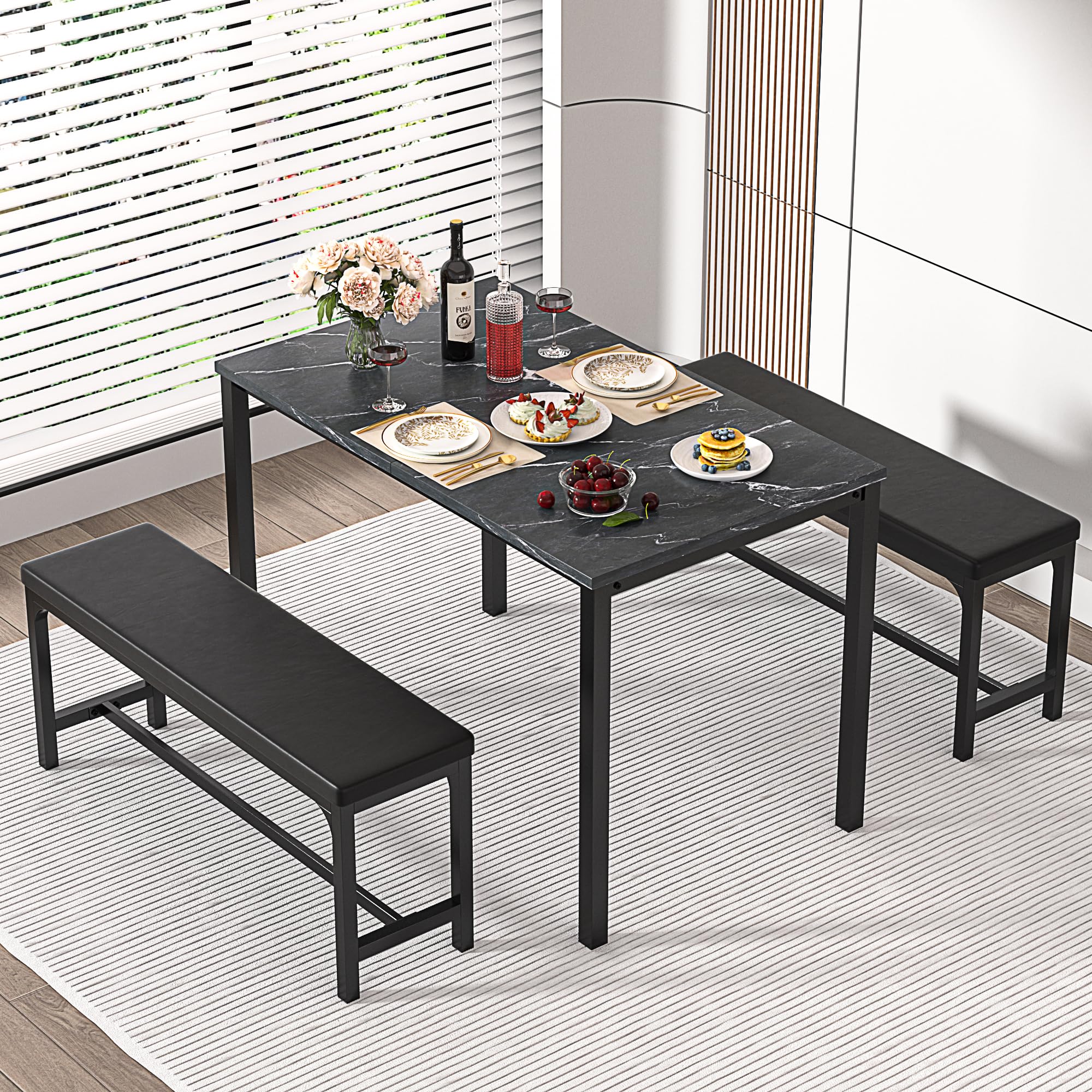 63" Extendable Dining Table Set with Benches