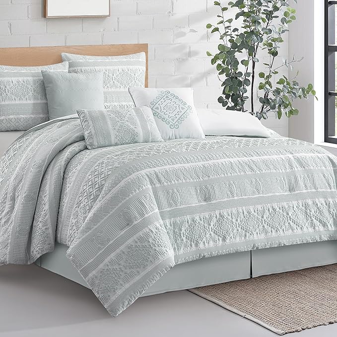 7 Piece Queen Comforter Set Dusty Green Jacquard Patchwork