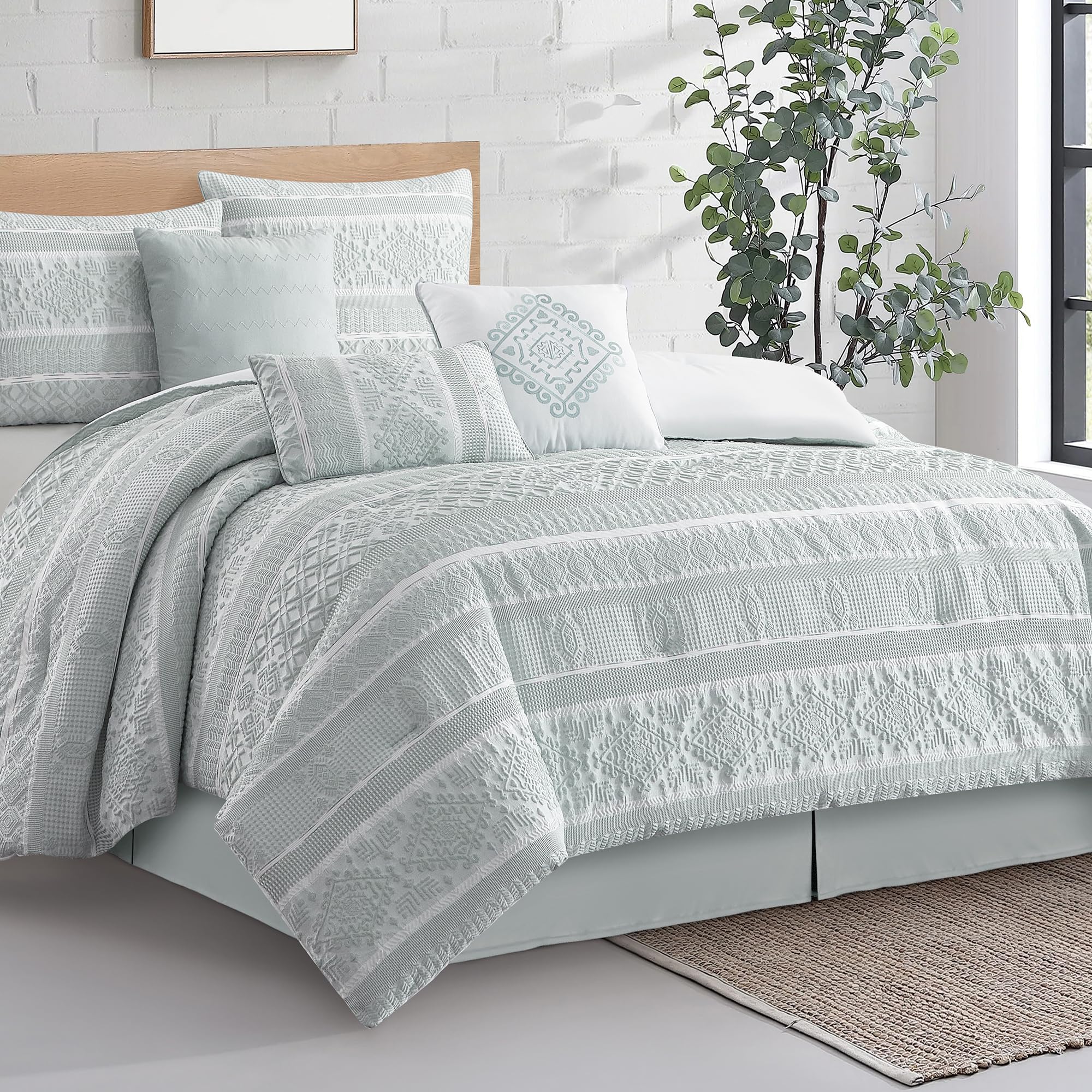 7 Piece Queen Comforter Set Dusty Green Jacquard Patchwork