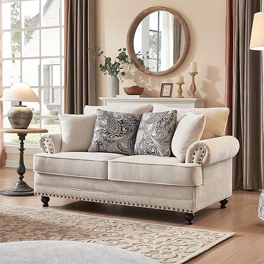 3-Seat Chenille Sofa with Nailhead Trim