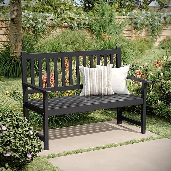 Acacia Wood Bench 2-Person Slatted Patio Loveseat Indoor Outdoor Black
