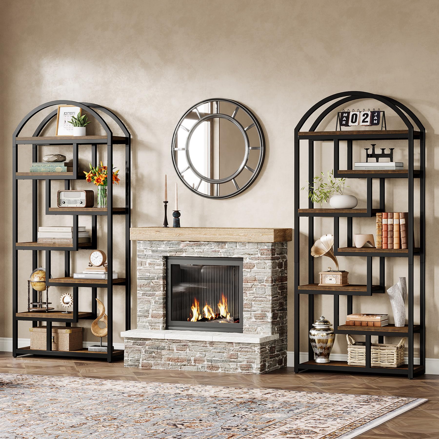71" Tall Arched Bookshelf Industrial Etagere with Open Display Shelves