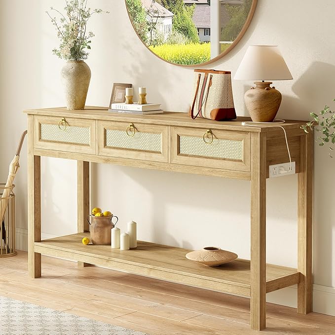 Rattan Console Table with Outlets and USB-C Port