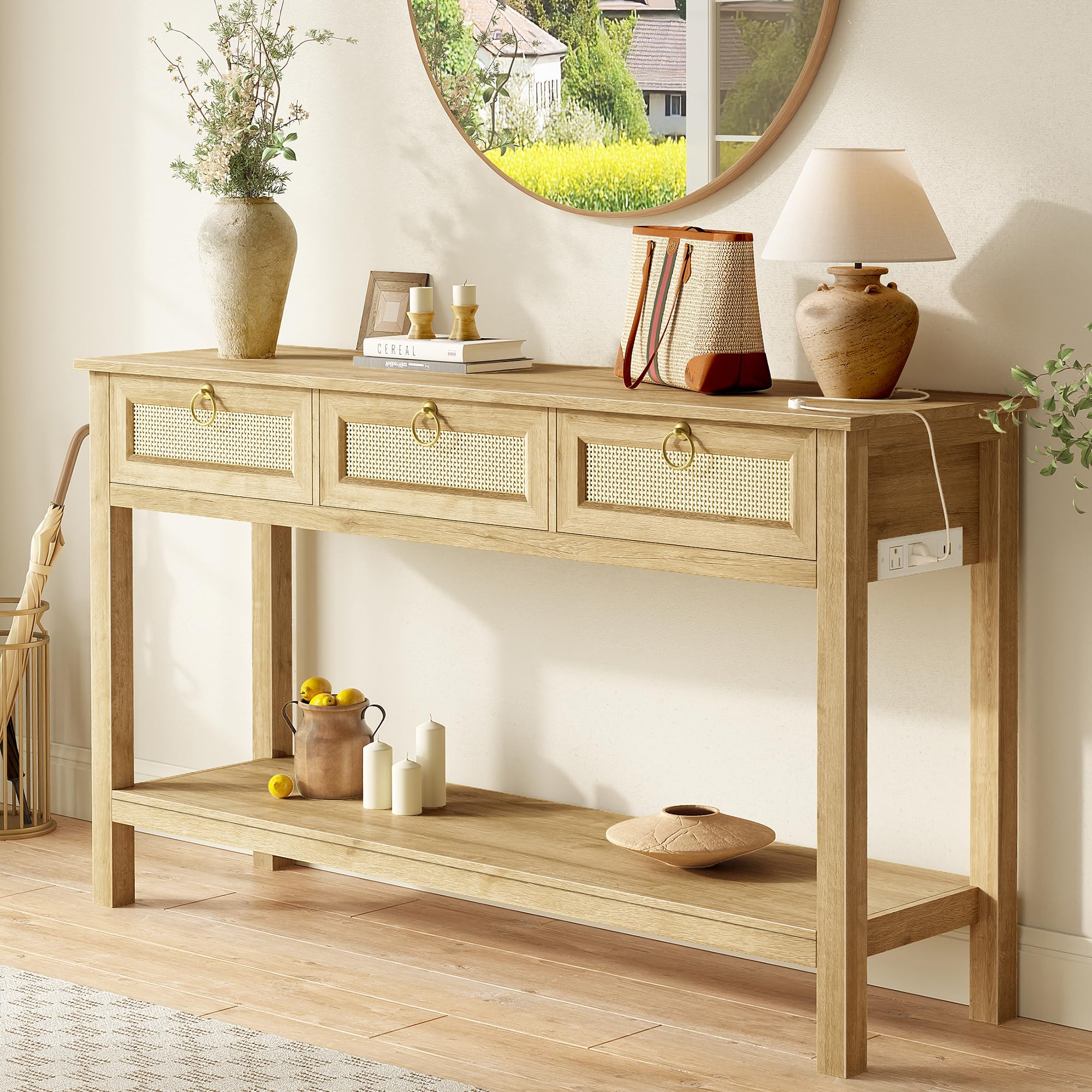 Rattan Console Table with Outlets and USB-C Port