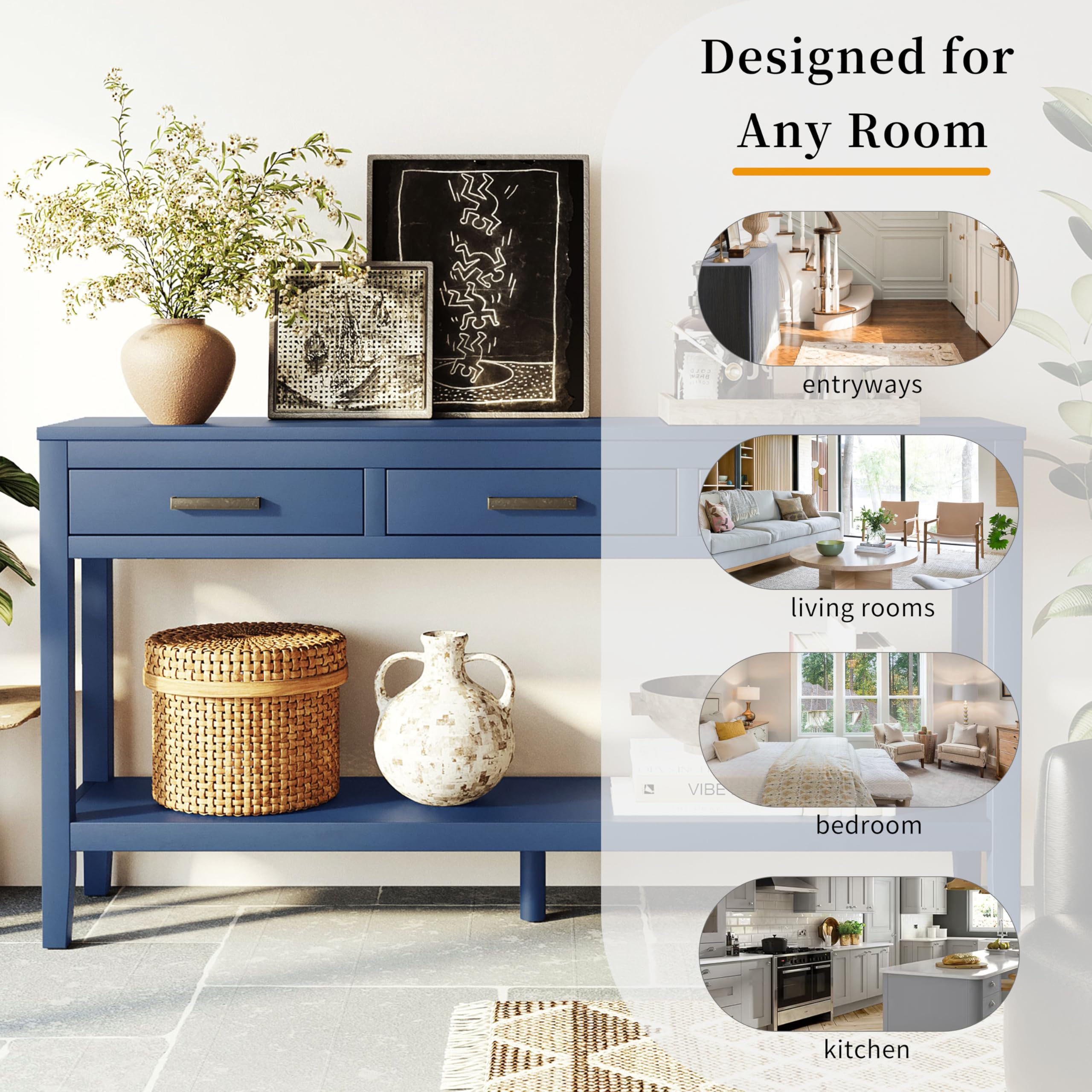 Contemporary Rectangular Console Table with Shelf and Storage Drawers