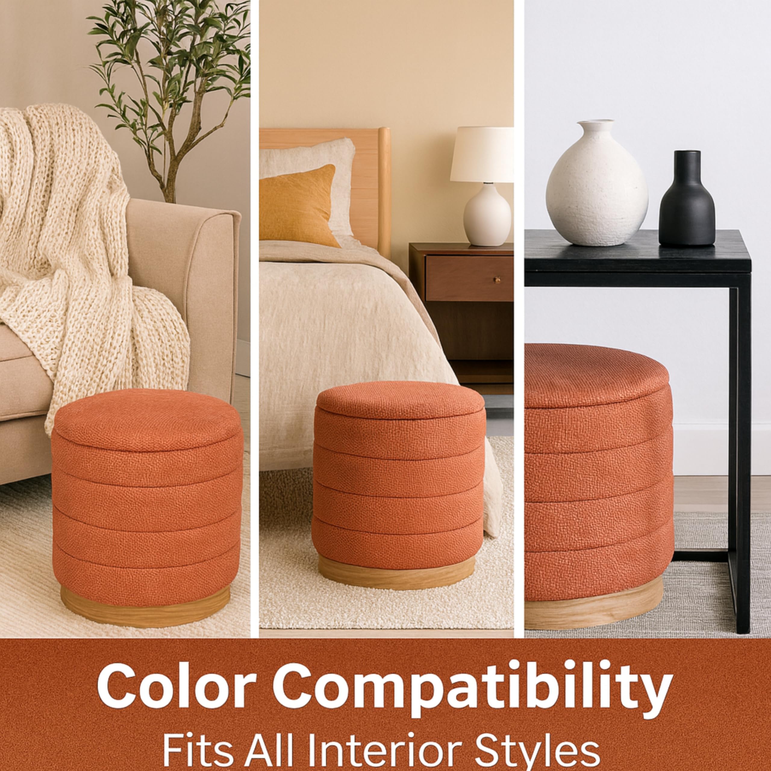 Round Storage Ottoman - Linen Upholstered Footrest Bench