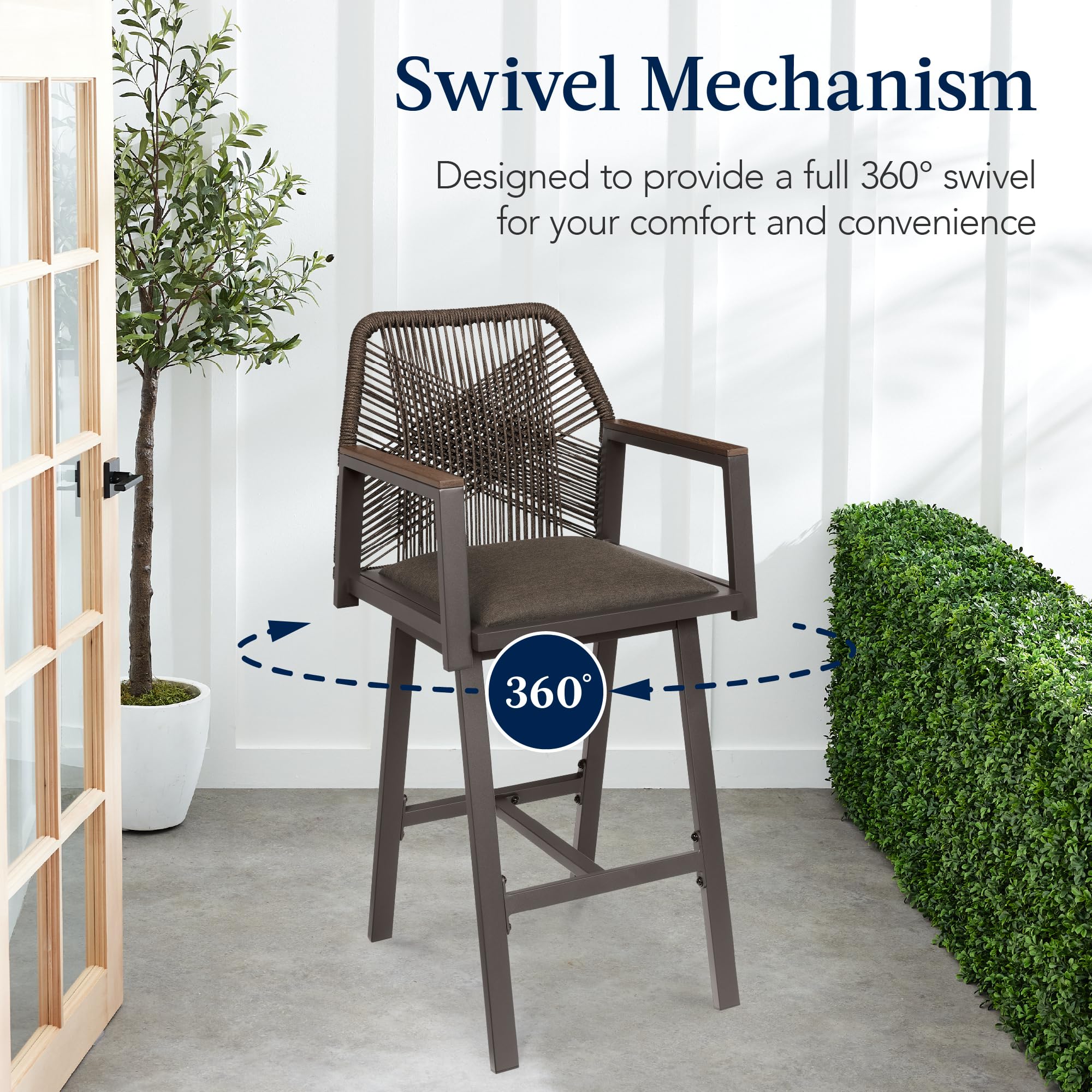 Outdoor Bar Stools Set of 2 - 360° Swivel Aluminum Frame with Armrests