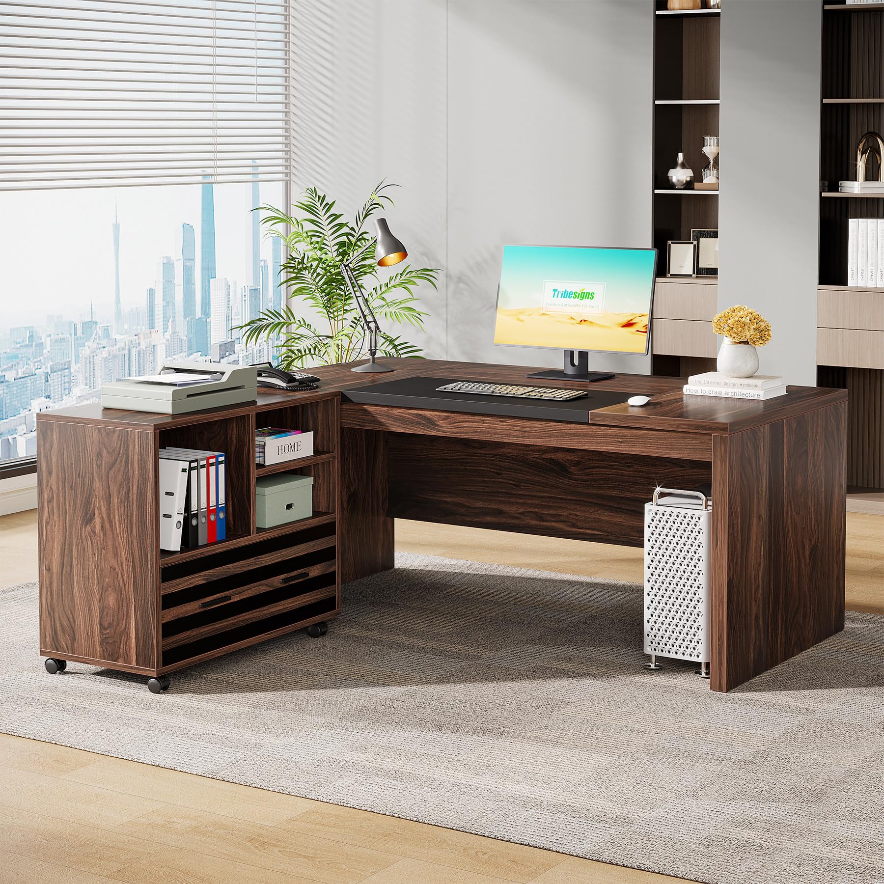 L-Shaped Executive Desk with Mobile File Cabinet