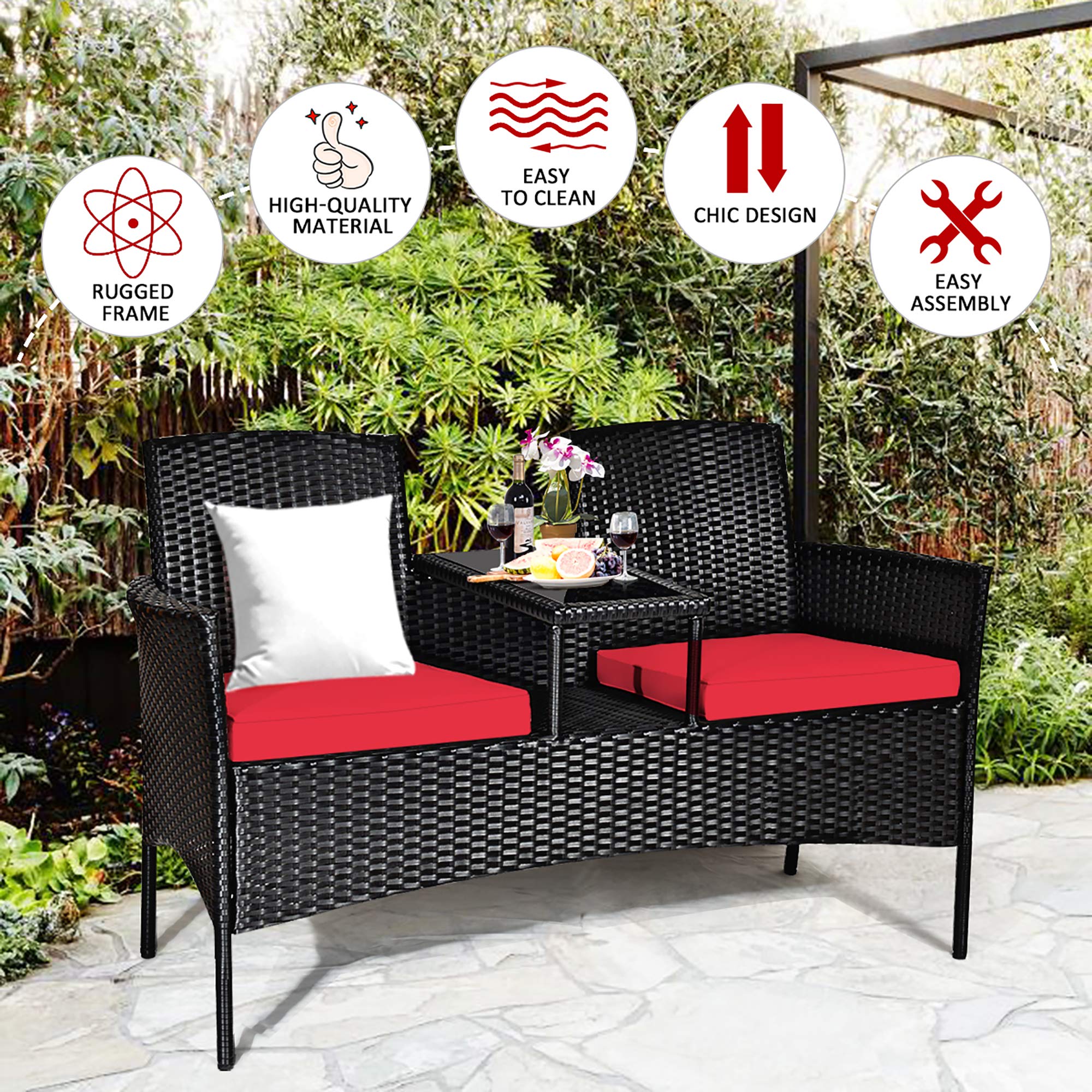 Outdoor Wicker Loveseat with Table and Cushions