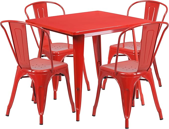 31.5" Square Metal Indoor-Outdoor Dining Table Set with 4 Chairs