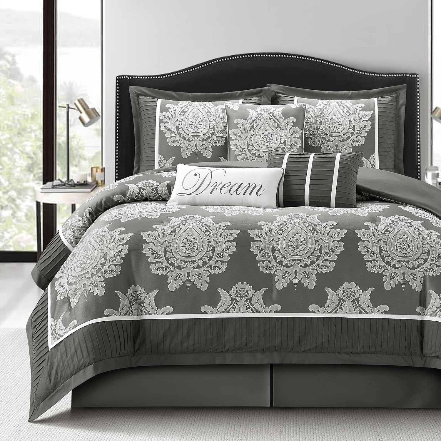 Blue King Size Damask Comforter Set - 7 Pieces