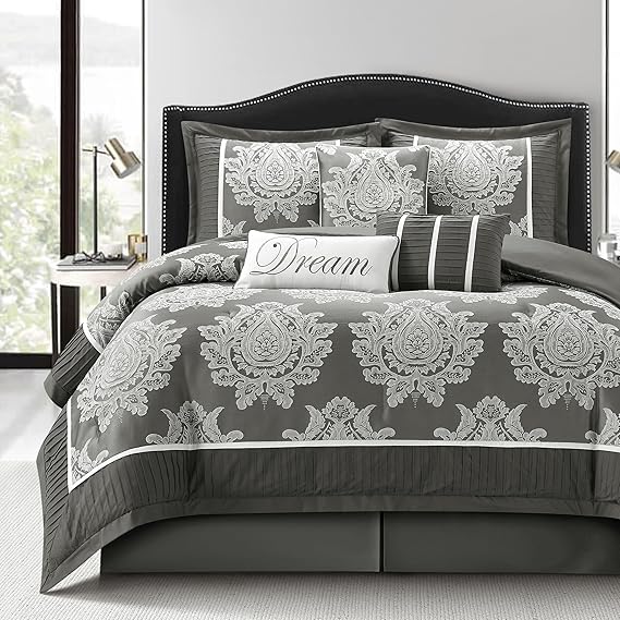 King Size Jacquard Damask Comforter Set 7 Pieces