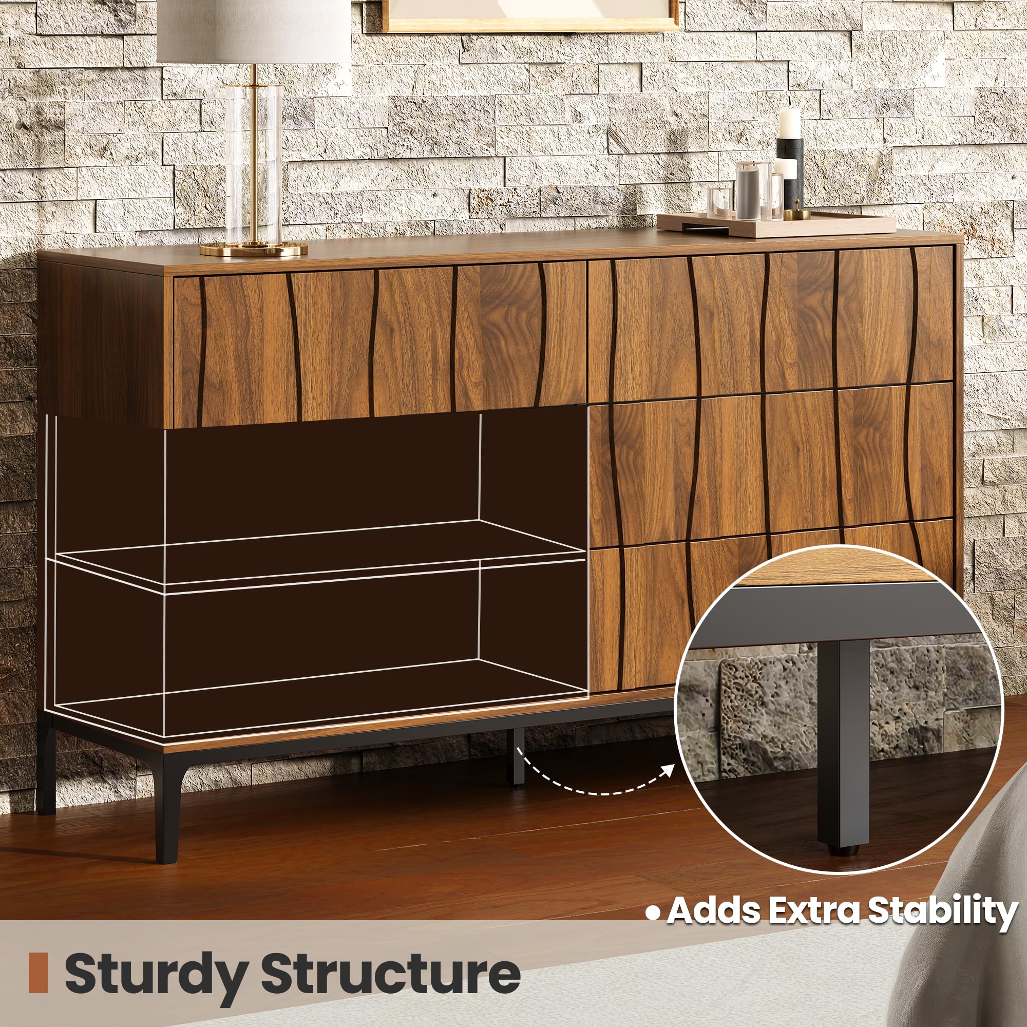 6-Drawer Dresser 54" Walnut Finish Wave Front with Push-to-Open