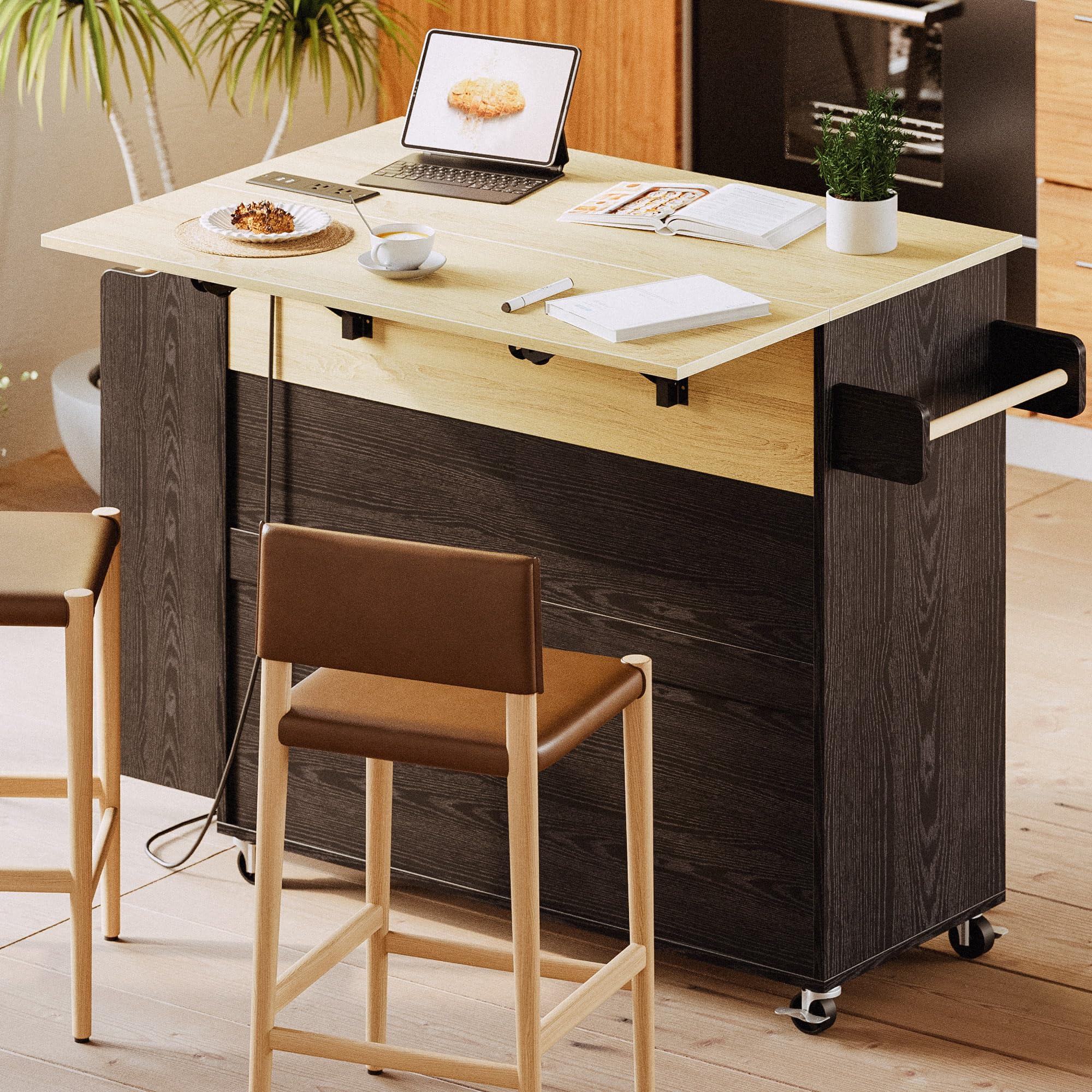 Rolling Kitchen Island with Storage and Charging Station
