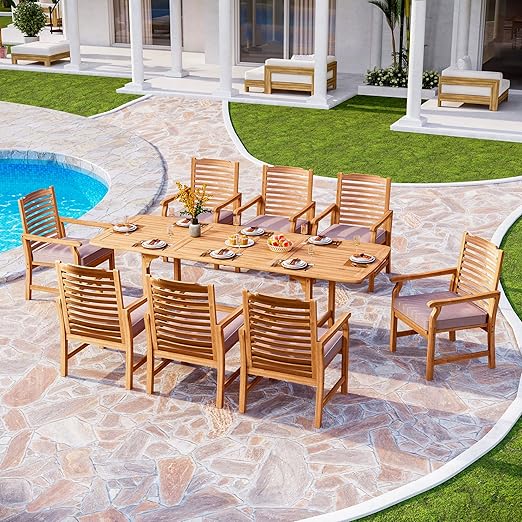 PHI VILLA 9 Pieces Acacia Wood Patio Dining Set for 8, Expandable Teak Dining Table & Wooden Chairs with Cushions, Farmhouse Dining Furniture Set for Outdoor Deck, Yard, Porch