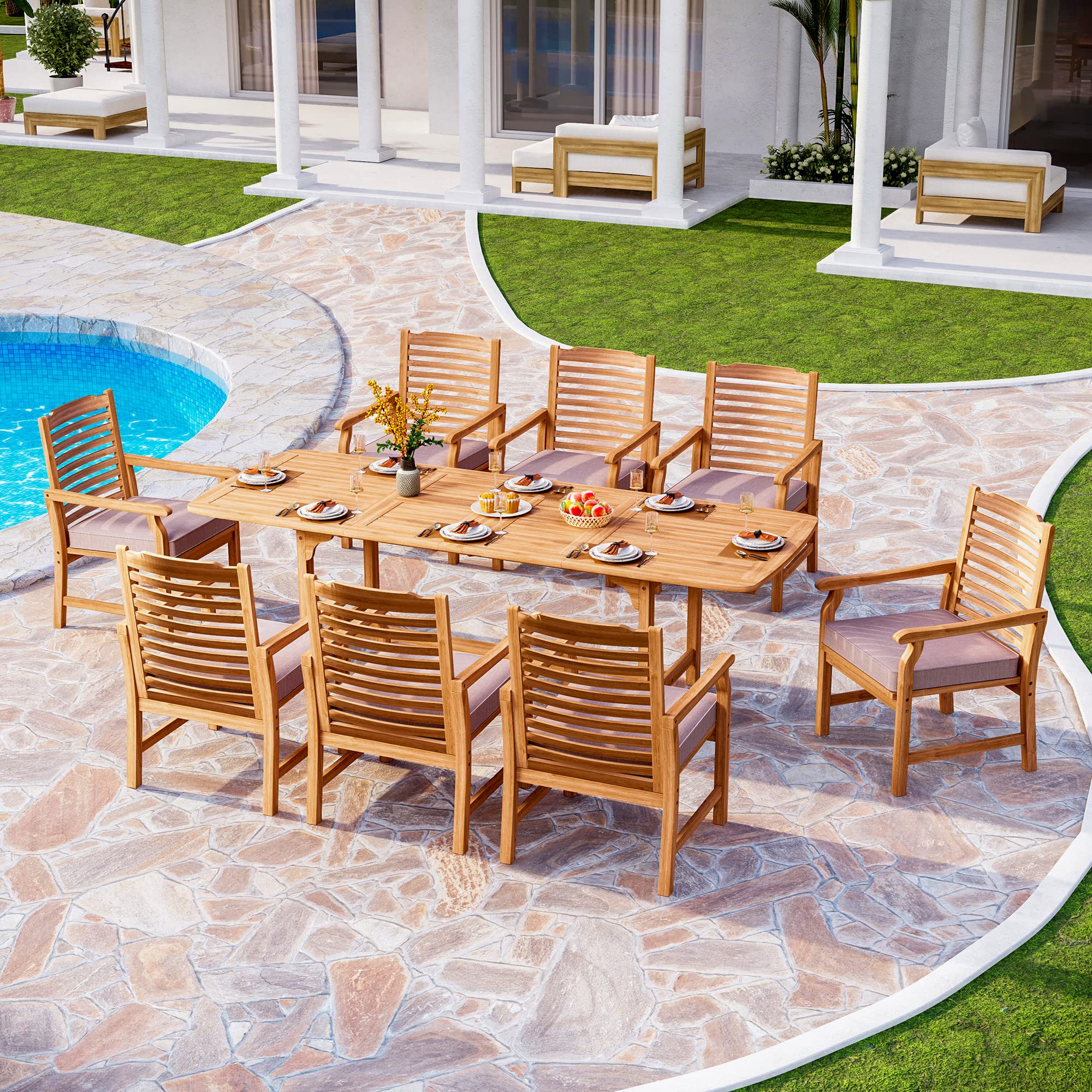 PHI VILLA 9 Pieces Acacia Wood Patio Dining Set for 8, Expandable Teak Dining Table & Wooden Chairs with Cushions, Farmhouse Dining Furniture Set for Outdoor Deck, Yard, Porch