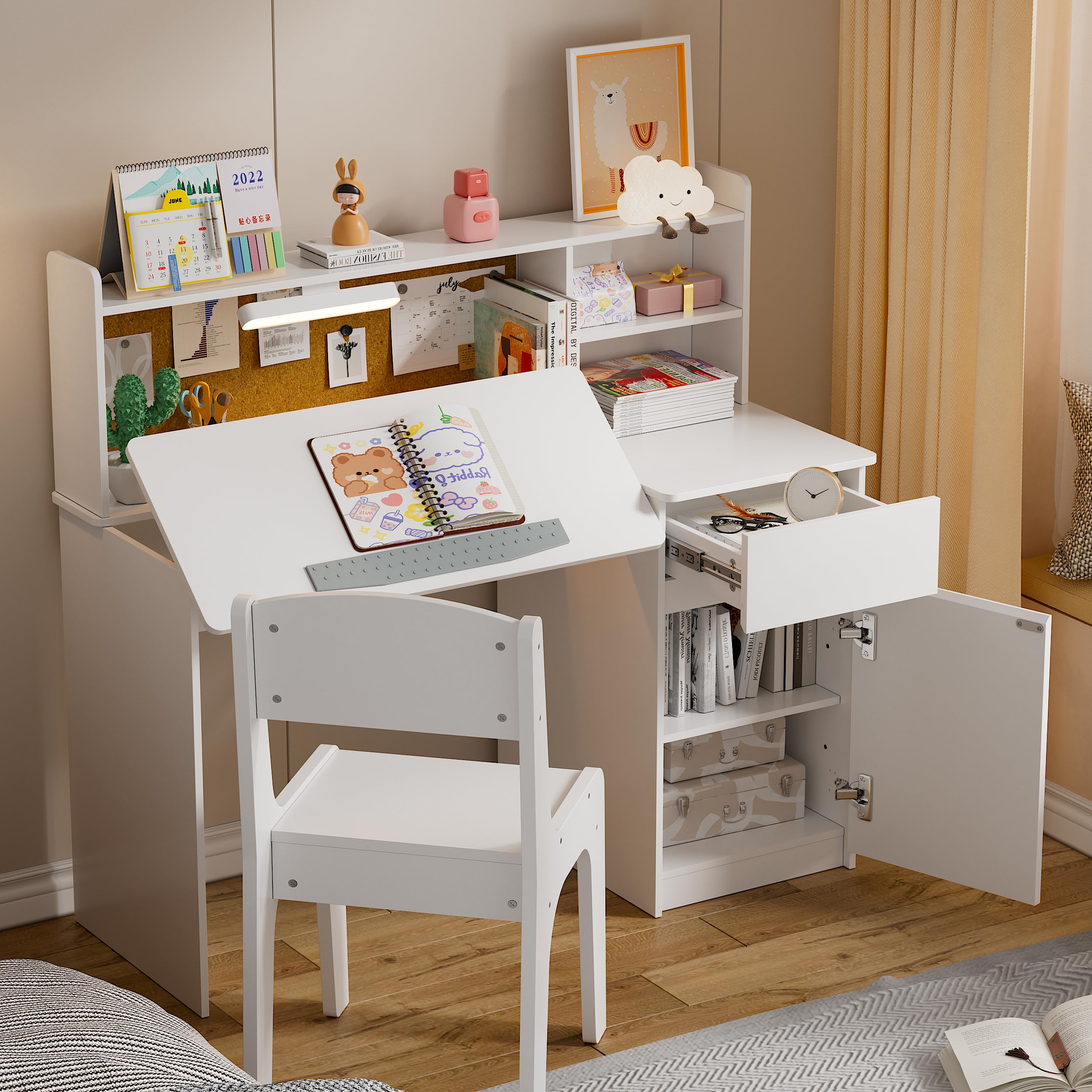 Kids Study Desk and Chair Set with LED Lamp and Storage