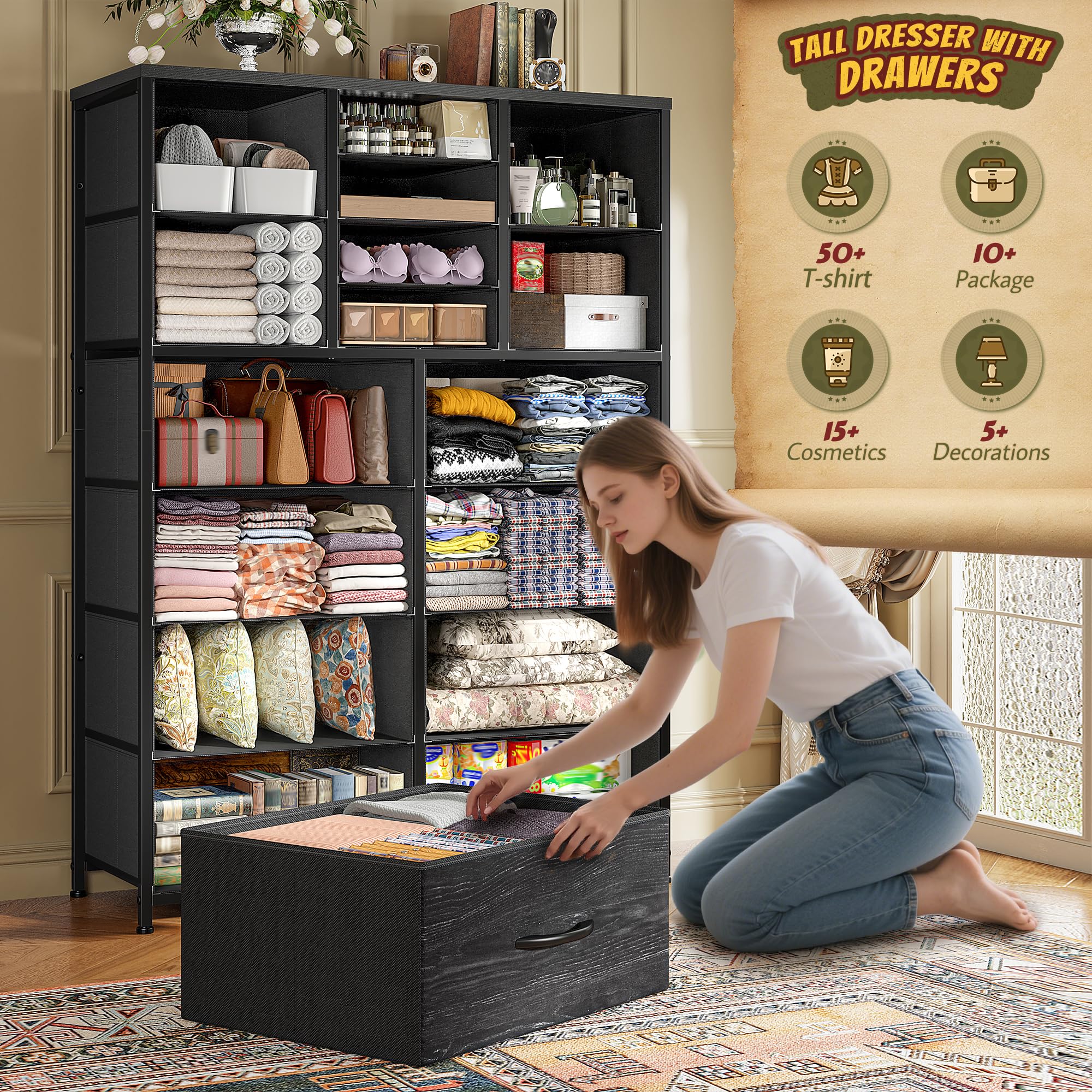 57" Fabric Dresser with 16 Drawers