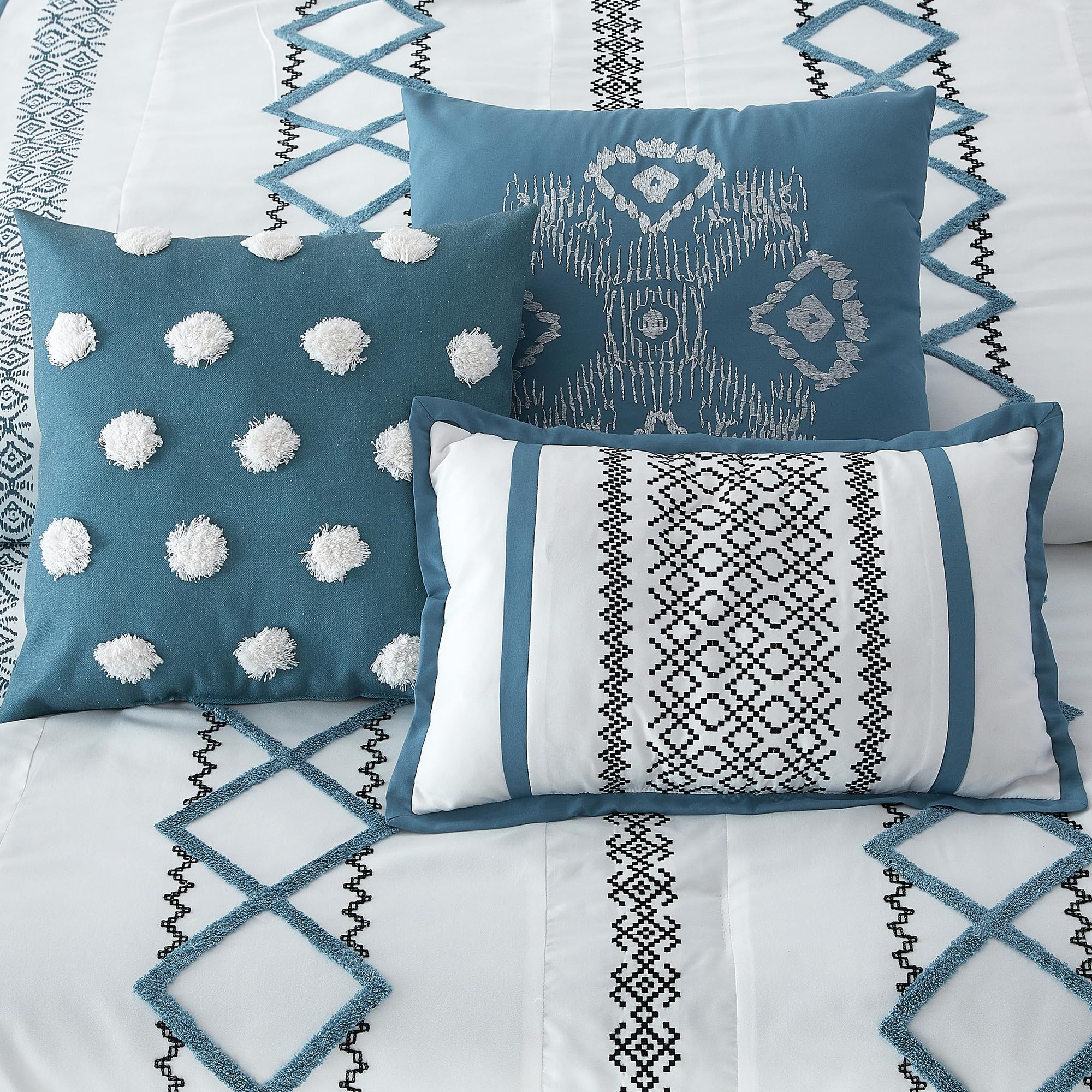 Blue Queen Comforter Set 7-Piece Geometric Embroidered Bedding