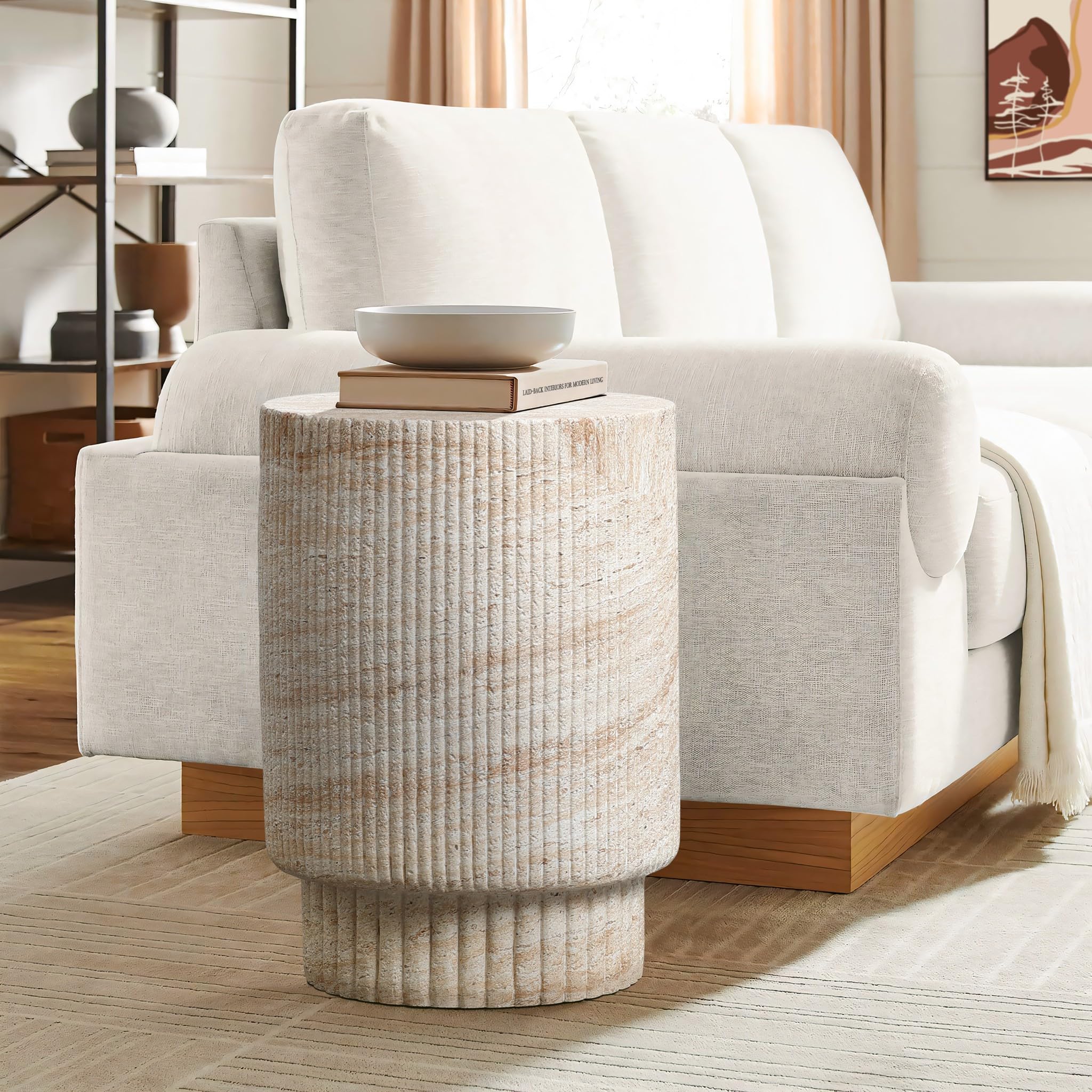 Outdoor Accent Side Table 18 Inch Round Travertine Style Ribbed Cement