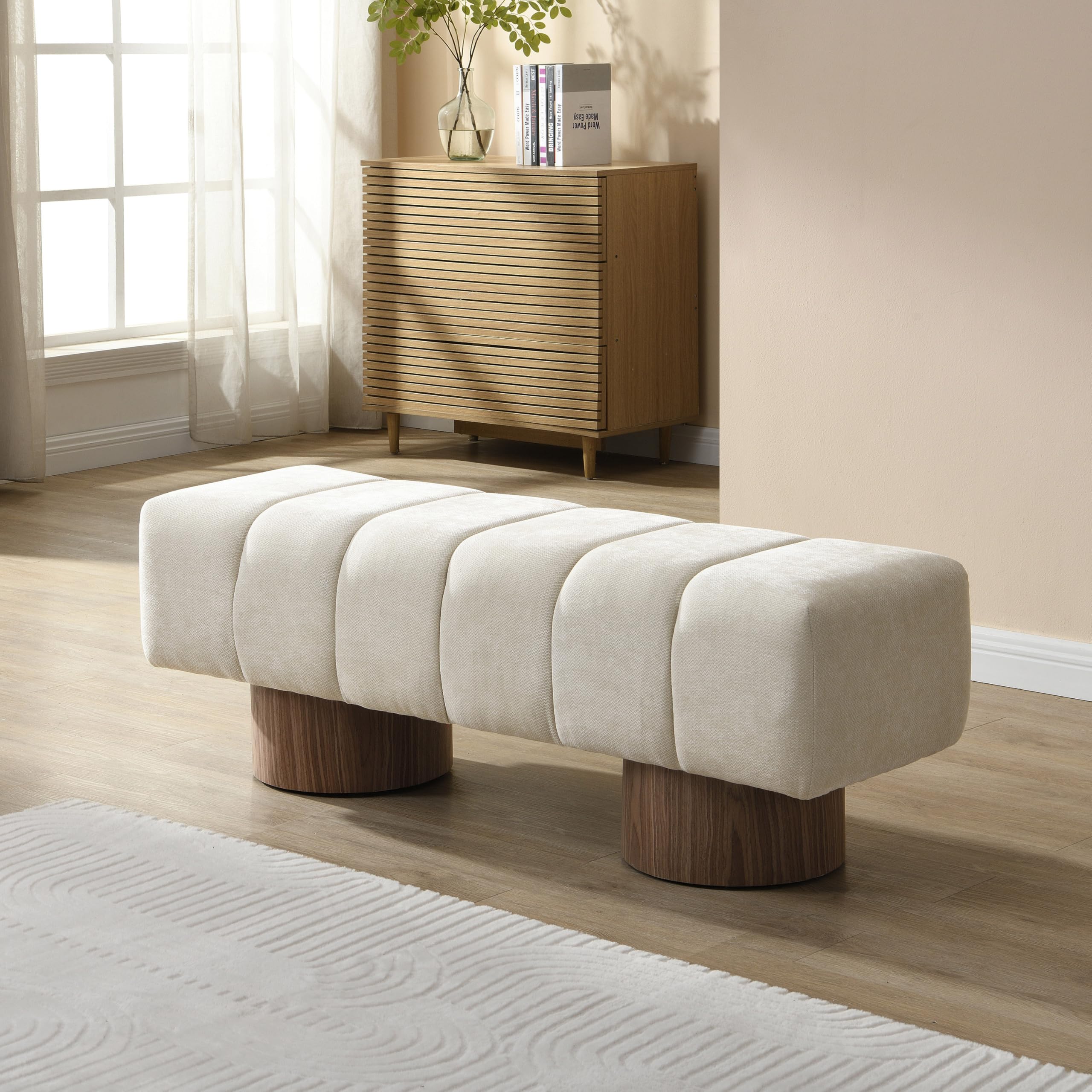 50" Chenille Dining Bench - Light Beige Ottoman Footstool