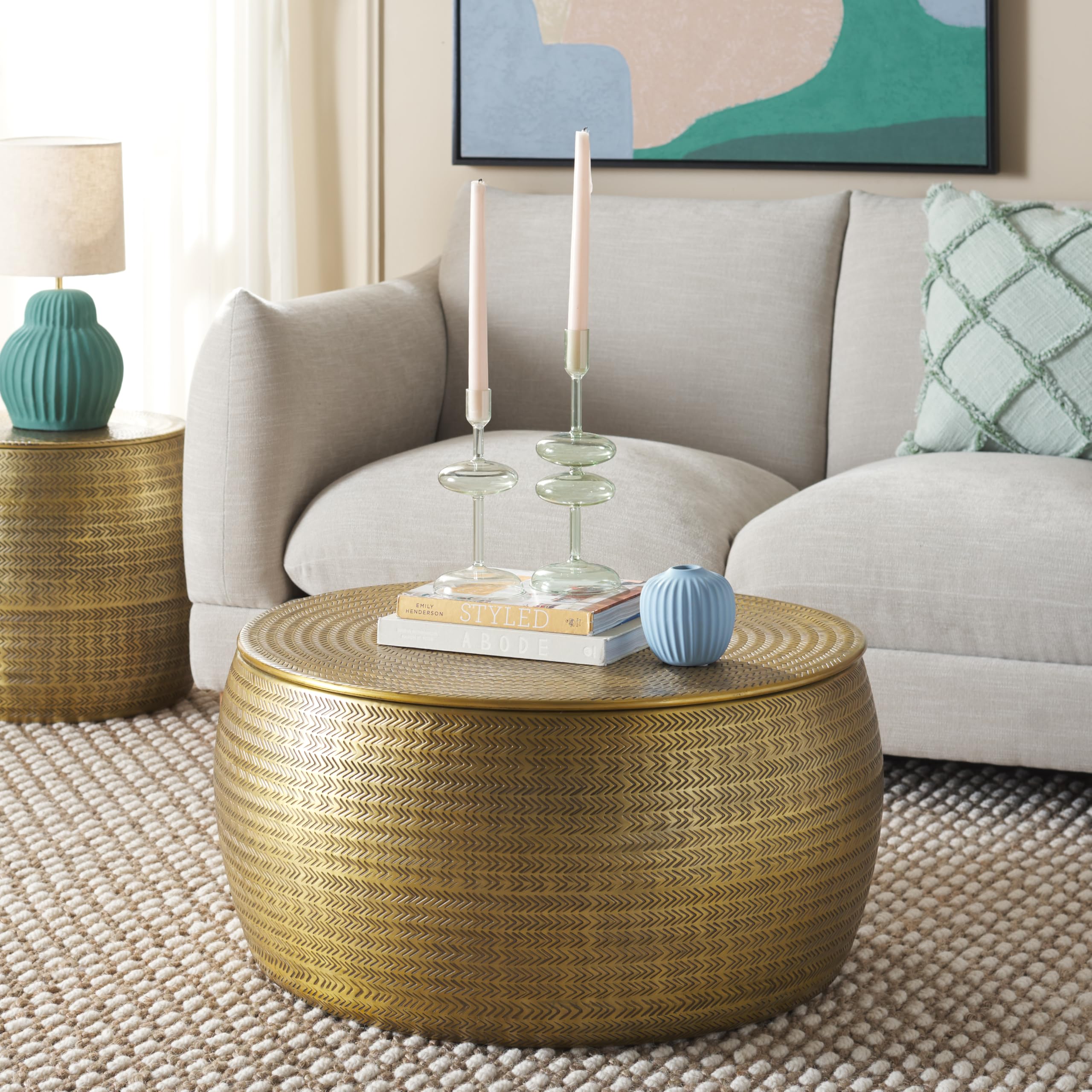 Apoline Antique Brass Drum Storage Coffee Table