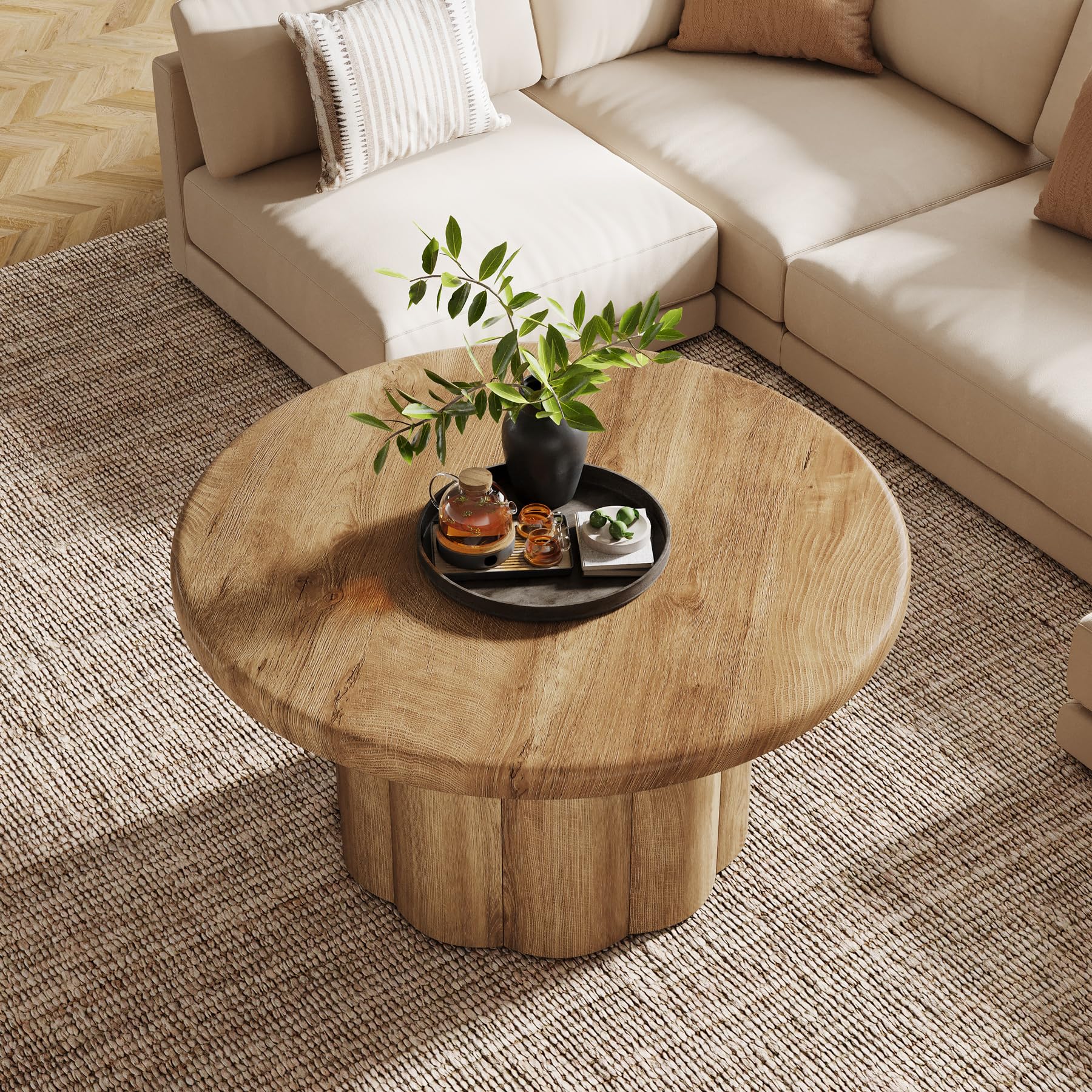 Round Coffee Table with Fluted Drum Base