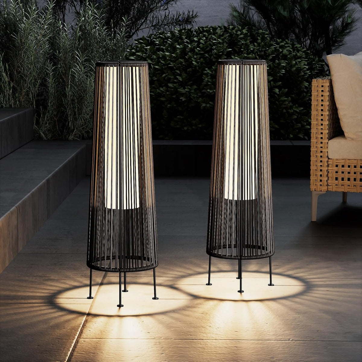 Outdoor Solar Floor Lamp 2-Pack - Wicker Waterproof Patio Light