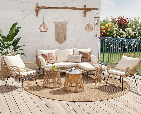 Boho L-Shaped Patio Sectional Sofa Set with Ice Bucket Table