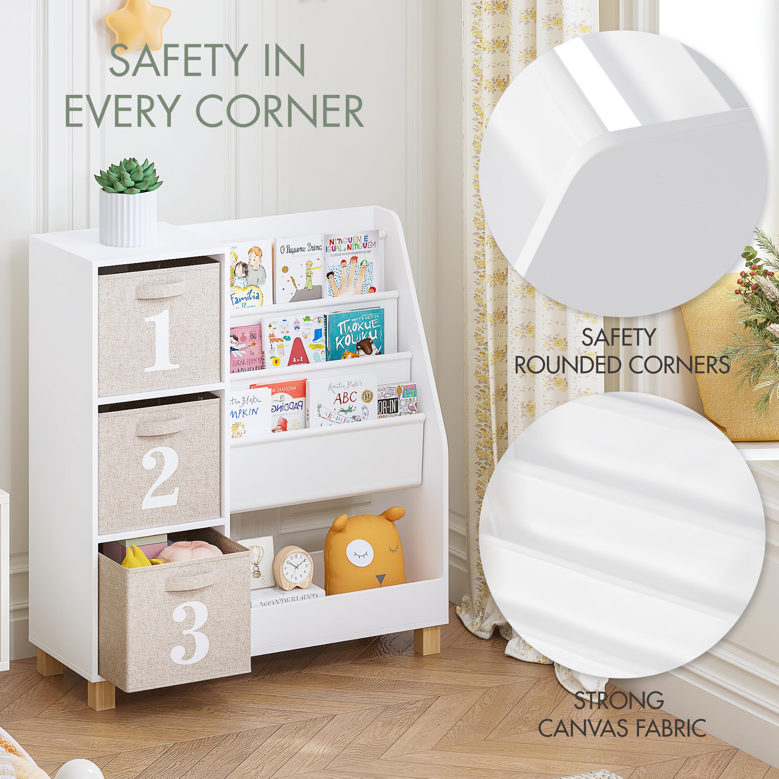 Kids Bookshelf with Storage Bins - 3-Tier Montessori Book Display