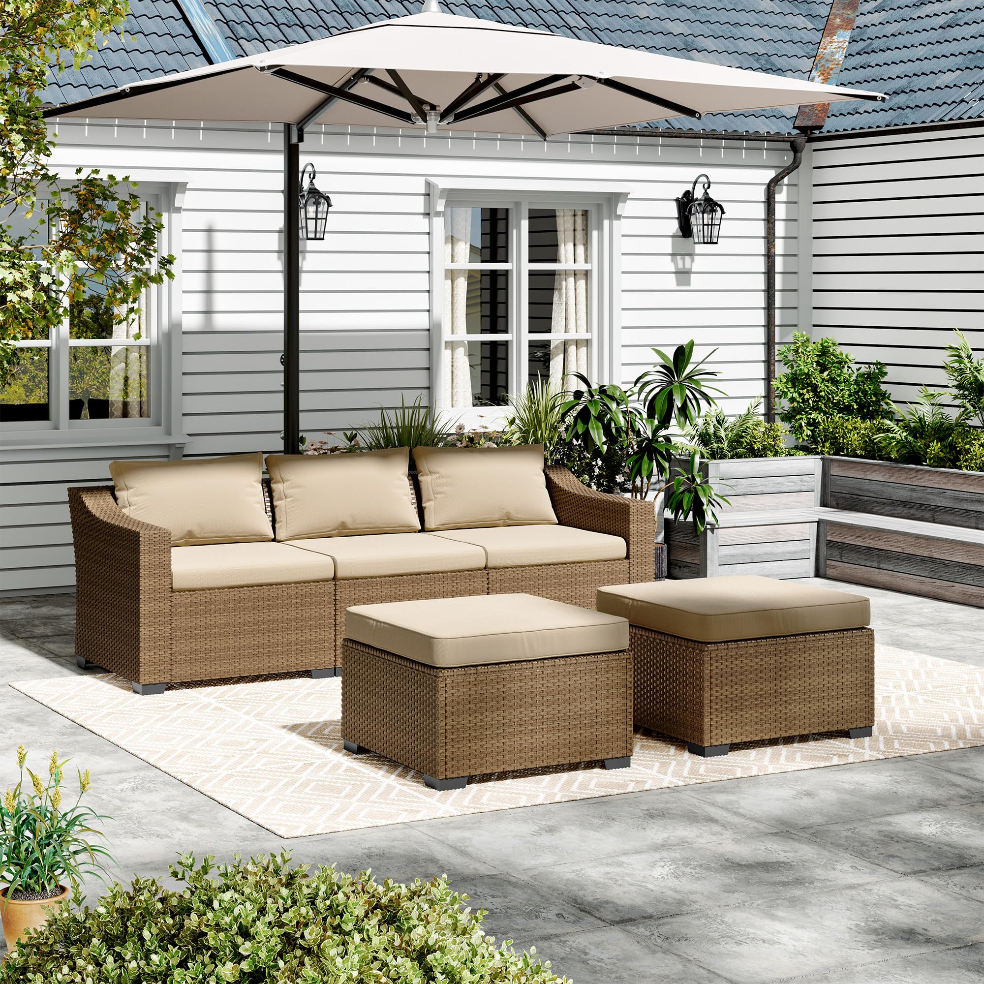 5-Piece Rattan Patio Conversation Set with Coffee Table