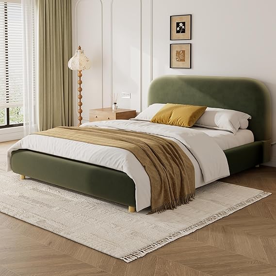 Queen Size Velvet Platform Bed with Curved Headboard
