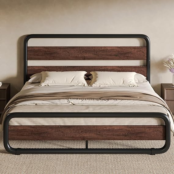Full Size Metal Bed Frame with Wooden Headboard