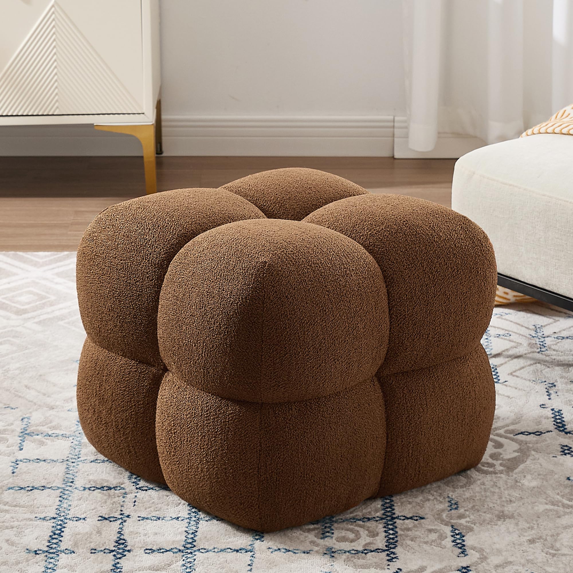 Square Teddy Fleece Ottoman Rust Brown