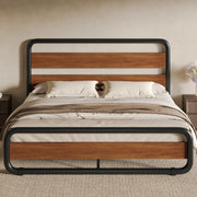 Full Size Metal Bed Frame with Wooden Headboard