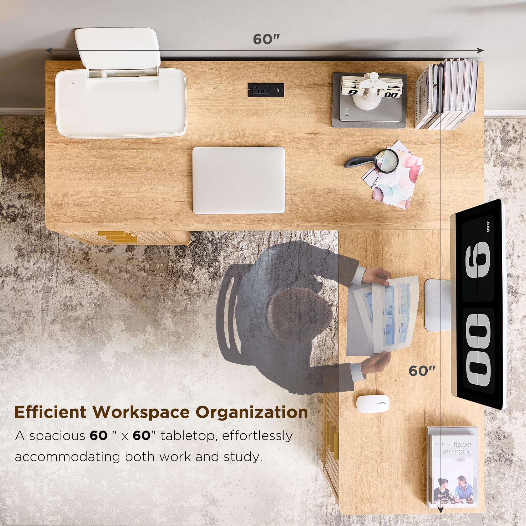 L-Shaped Executive Desk with Charging Station - 60 Inch Natural Oak