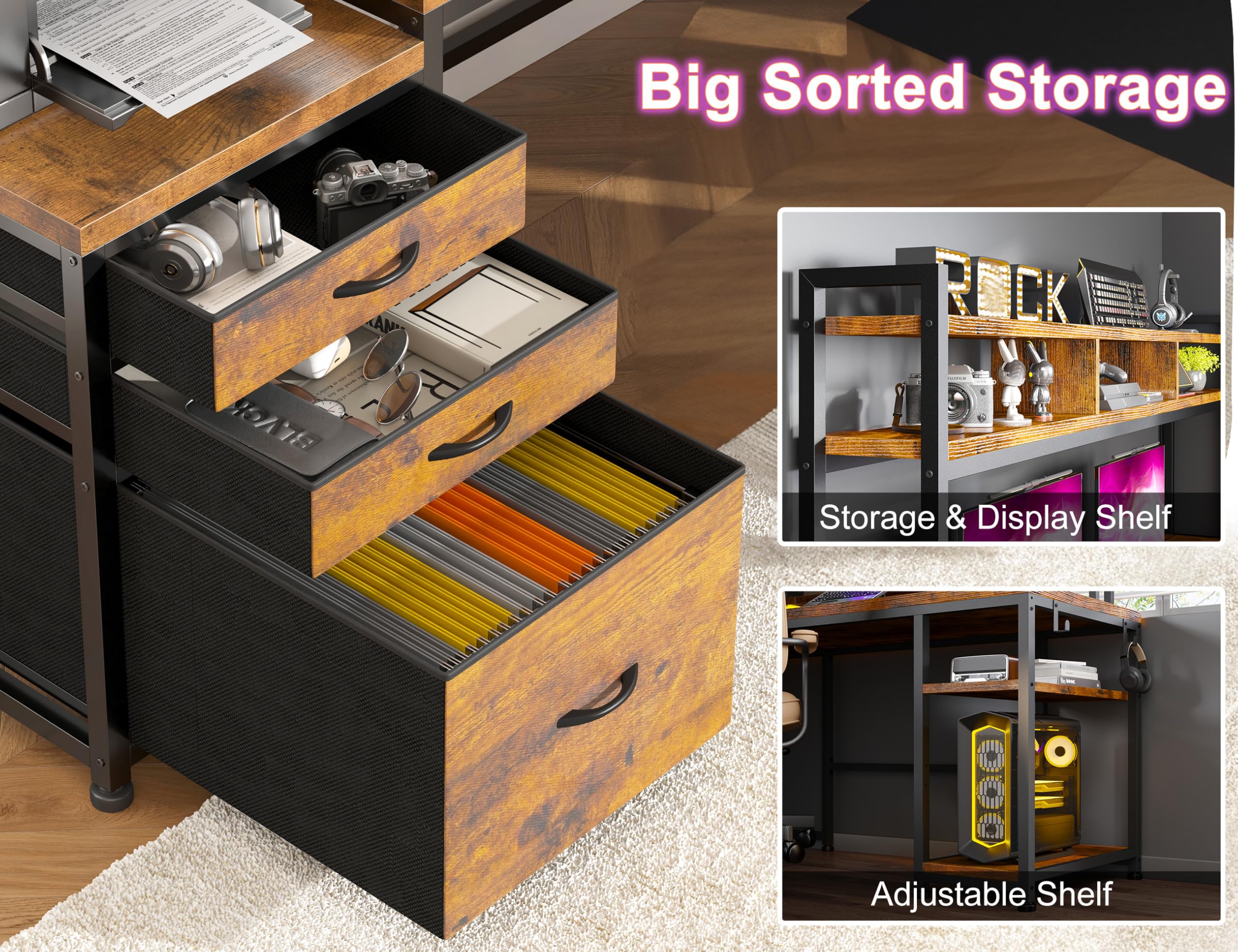 L-Shaped Gaming Desk with Hutch and LED Lights