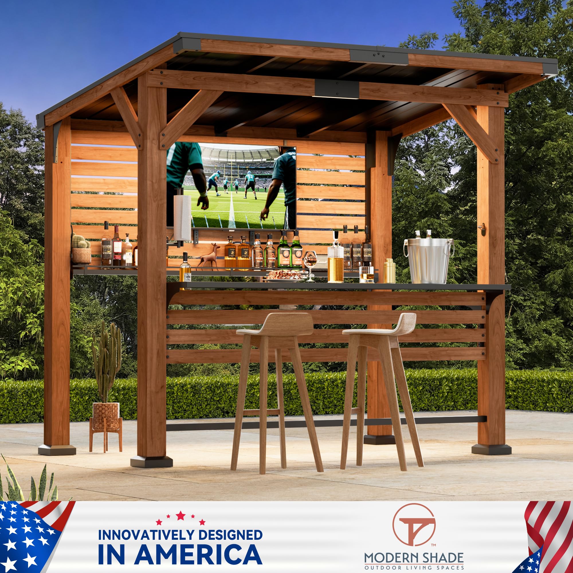Cedar Wood Entertainment Bar Gazebo with Hardtop Steel Roof