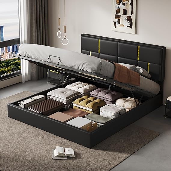 Queen Platform Bed with Hydraulic Storage and Ottoman