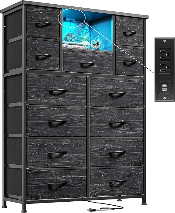 13-Drawer Dresser with LED Lighting and Charging Ports