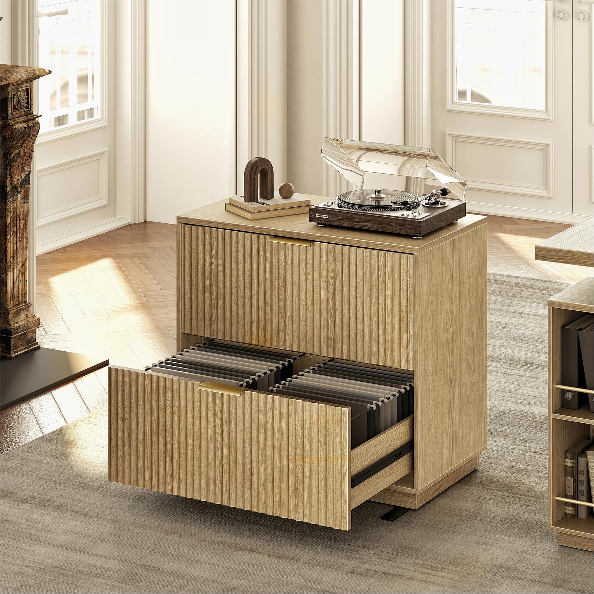 Perledesign 2 Drawer Fluted File Cabinet, 32'' Lateral File Cabinet for Legal/Letter/A4/F4 Size Hanging Files, Wood File Storage for Home Office, Light Walnut