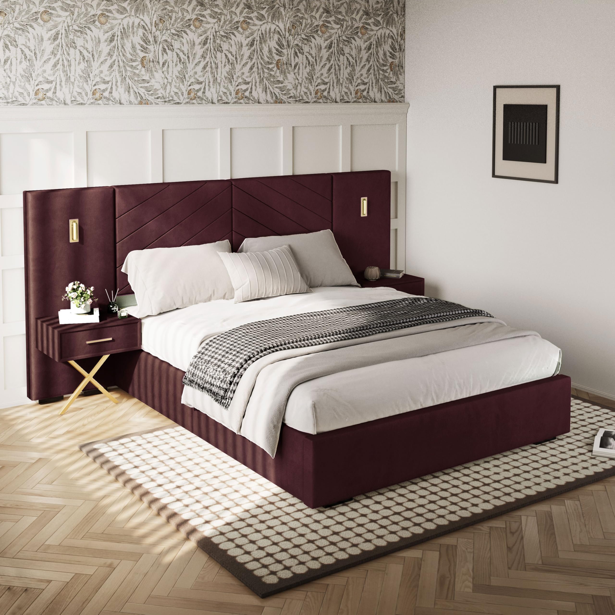 Queen Platform Bed with LED Lights and Nightstands